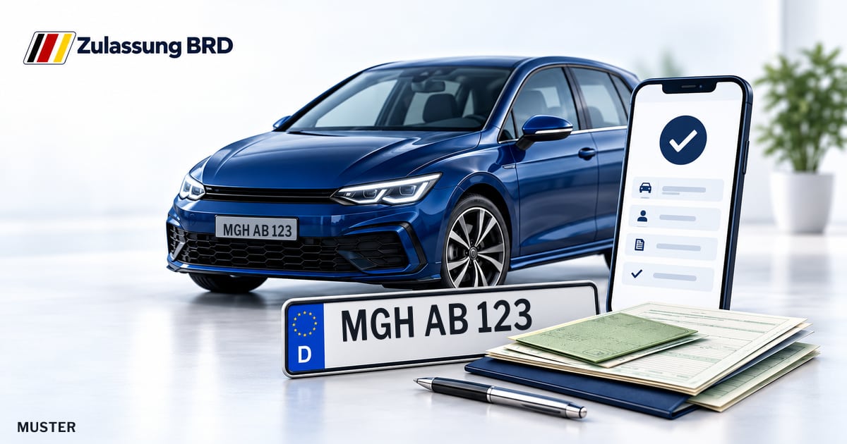 Online Fahrzeugzulassung in Main-Tauber-Kreis: Musterkennzeichen MGH AB 123, Auto und Fahrzeugpapiere und Smartphone. Illustration mit Logo von Zulassung BRD.